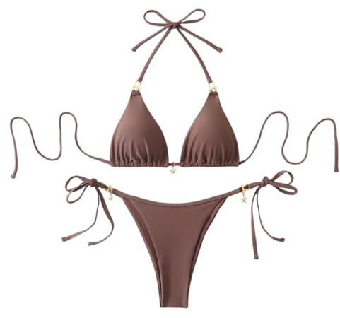 Bikini Damen Set Niedriger Taille Tanga Bikini Falten Sexy Zweiteiliger Badeanzug Verstellbare Triangel Oberteil Neckholder Bademode Sommer Brazilian Style String