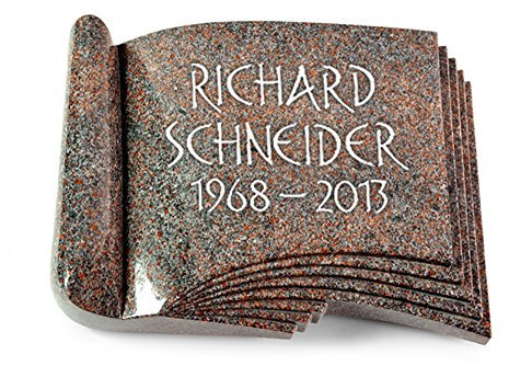 MEMORUM Grabmale Grabbuch, Grabplatte, Grabstein, Grabkissen, Urnengrabstein, Liegegrabstein Modell Prestige 40 x 30 x 8-9 cm Paradiso-Granit, poliert inkl. Gravur (Ohne Ornament)