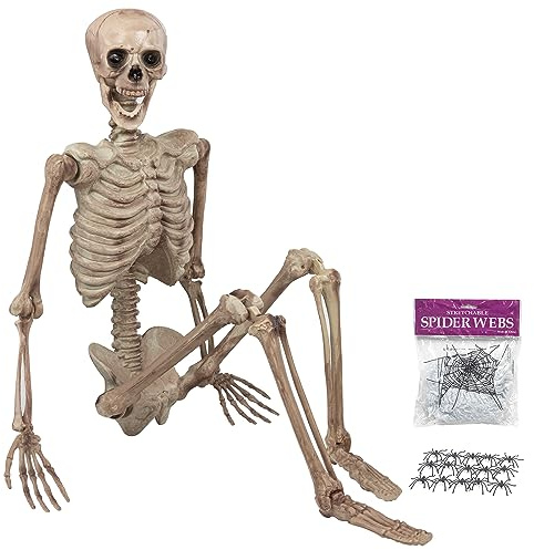 Skelett Dekoration Lebensgröße 170cm Halloween hängende Requisiten mit halloween Spinnennetz und 15 künstlichen Spinnen für totenkopf deko Kamin, Hof, Garten, Veranda, Tür, Dekoration, Partyzubehör