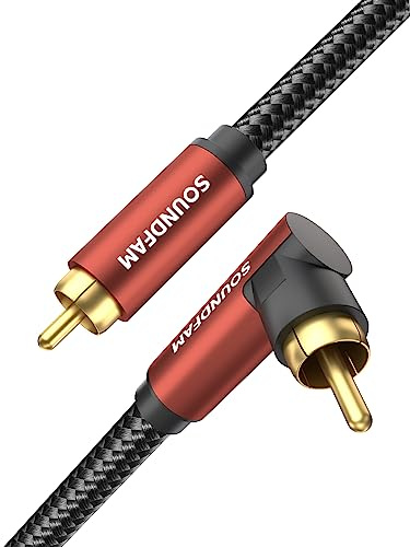 SOUNDFAM 90 Degree Right Angle RCA Subwoofer Cable, Dual Shielded 24K Gold-Plated Coaxial Audio Cable for Home Theater, S/PDIF - [ 10ft/3M, Red, 1 x 90° RCA Plug ]