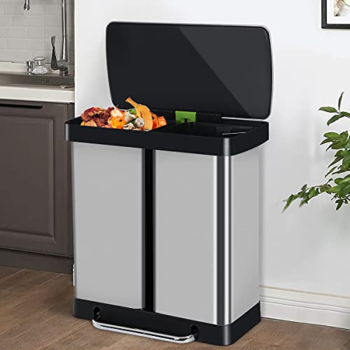 Kitchen Trash Can 16 Gallon/ 60L Stainless Steel Dual Trash Can with Lid & Double Barrel, High-Capacity Step Garbage Can Classified Recycle Rubbish Bin Combo for Bathroom Bedroom Home Office