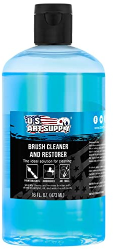 U.S. Art Supply Brush Cleaner and Restorer, 16 Ounce Bottle - Quickly Cleans Paint Brushes, Airbrushes, Art Tools - Cleaning Solution to Remove Dried On Acrylic, Oil and Water-Based Paint Colors