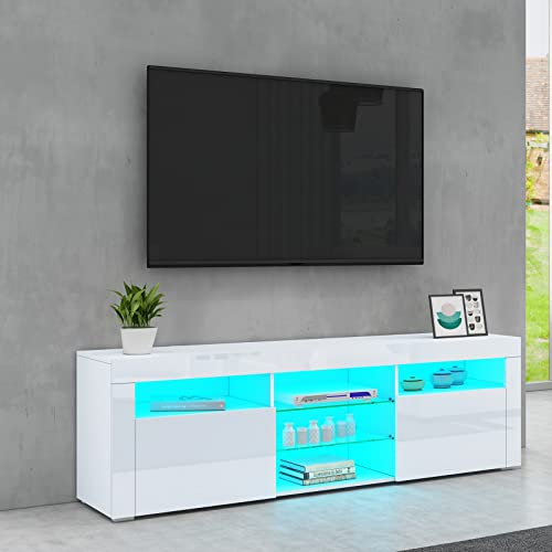 Senvoziii 1600mm LED TV Schrank TV Lowboard Modernes Hochglanz TV Ständer Aufbewahrungselement mit 2 Türen & Glasböden Sideboard für Wohnzimmer Schlafzimmer Möbel, Weiß