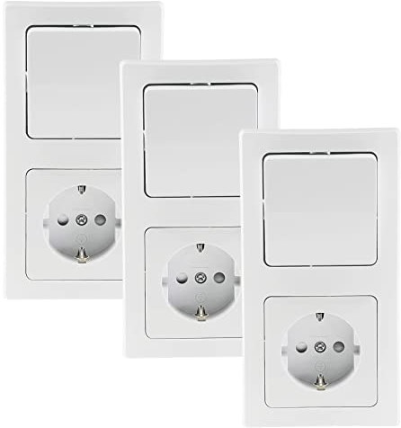 ChiliTec Steckdose mit Lichtschalter im Doppelrahmen Delphi 230V 2-Fach Kombination Schutzkontakt-Steckdose mit Wechsel-Schalter Rahmen Komfort Klemm Anschluss - 3 Sets Weiß