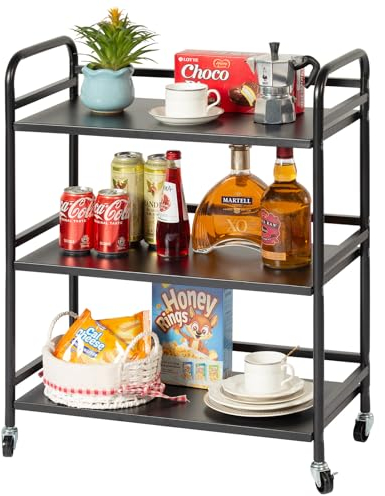 Servierwagen,3 Ebenen Servicefahrzeug aus Metall mit Rollen, für kleine Räume, Küche, Esszimmer, Bar, Bäder, rollwagen Schwarz,60×30×75cm