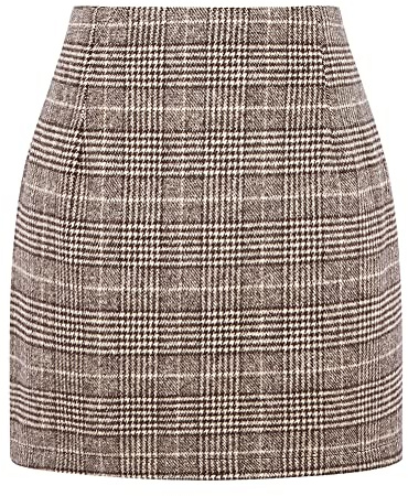 Womens Wool Plaid Mini Skirt Fall Winter High Waisted Bodycon Pencil Skirt (Coffee New, L)