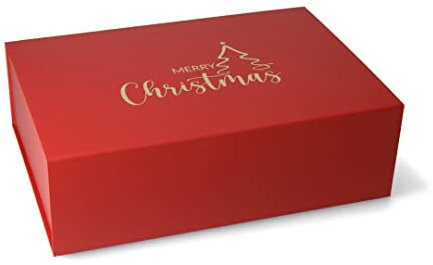 ideas in boxes Premium Geschenkbox Weihnachten, Geschenkkarton, Magnetbox, Magnetfaltbox, Geschenkverpackung für Weihnachten mit Schriftzug, 33x22x10cm, Rot matt mit Gold