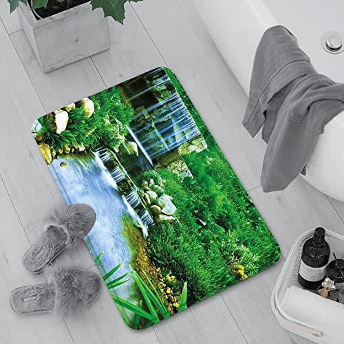 Badematte rutschfest, Badteppich für Badezimmer,Natur, Wasserfall fließt die Felsen Laub Cascade in Forest Valley Bild, Farn grün hellb,Waschbar Badezimmerteppich für Wohnzimmer Schlafzimmer 60x100 cm