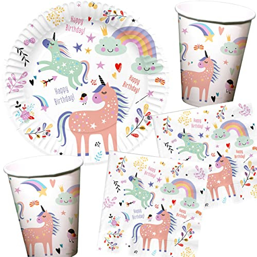 Carpeta 35-teiliges Party-Set * Unicorns + Rainbows * mit Teller + Becher + Servietten + Deko für Kindergeburtstag | Einhorn Regenbogen Kinder Geburtstag Party Mottoparty