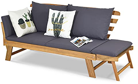 GOPLUS Gartenbank Holz, Gartensofa mit Liegefunktion, 2-3 Sitzer Holzbank mit klappbaren Seitenlehnen, inkl. Auflage, Balkonbank, Sitzbank Outdoor für Garten, Terrasse, Balkon, 157 x 75 x 75cm (Grau)