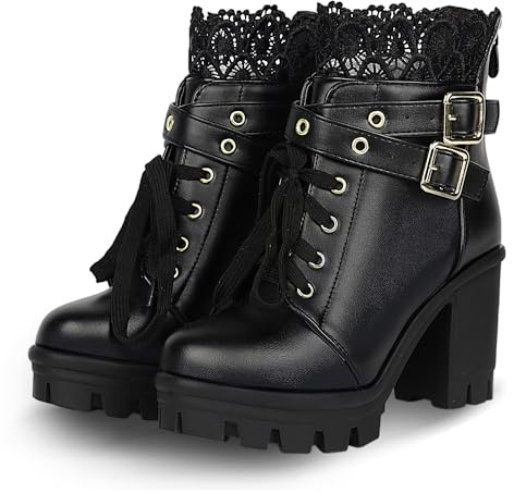 BEAUPAS Women's Chunky Platform High Heel Boots Lace Up Gothic Ankle Booties Block Heel Buckle Punk Shoes(Black/1,10.5)