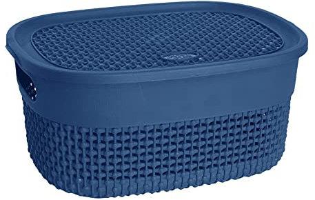 M1SS Plastic Storage Basket With Lid and Handle Oval Shape Shelf, Bathroom Basket Knit Design Toy Boxes Multi Colour Plastic Organiser ETC Baskets For Shelves, Kitchen (Blue, Small - 4L)