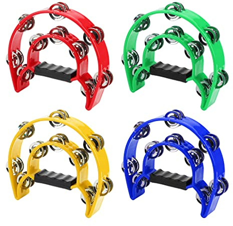 JOIKIT 4 PCS 230 x 200 x 48mm Double Row Tambourine, Half Moon Tambourine with Double Row Metal Jingles, Hand Held Tambourines for Musicians Singers Bands