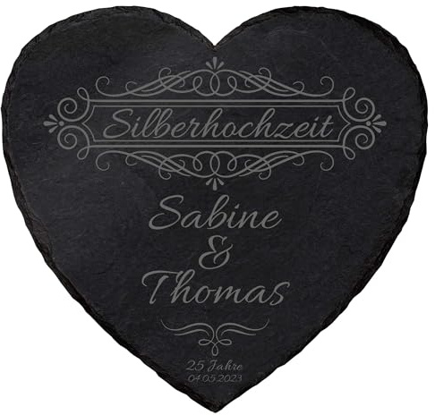 mtb more energy Personalisierbare Schiefertafel Herz ''25 Jahre Silberhochzeit'' - individuell anpassbar - 20x20 cm - Laser Gravur auf Schieferherz - Hochzeit Geschenk