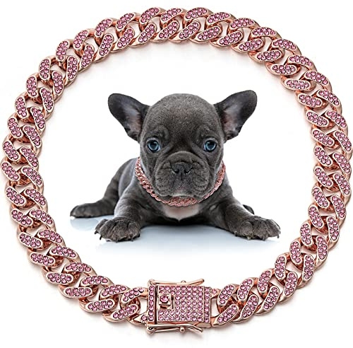 LEIFIDE Cuban Link Dog Collar Chain 12mm,14 Inch,Rose Gold, Pink
