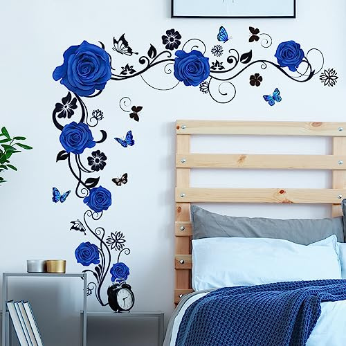 HGDESIGN® Wandtattoo Wandaufkleber Rot Rosen Blumenranke Wohnzimmer Schlafzimmer Wandsticker Wandbild Wanddeko Selbstklebend (Blau)