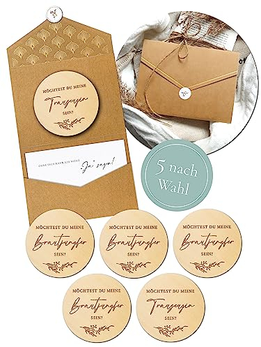 Joli Coon 5 nach Wahl - Trauzeugin Brautjungfer fragen Grußkarte und Holzscheibe mit Klappkuvert und Siegelaufkleber