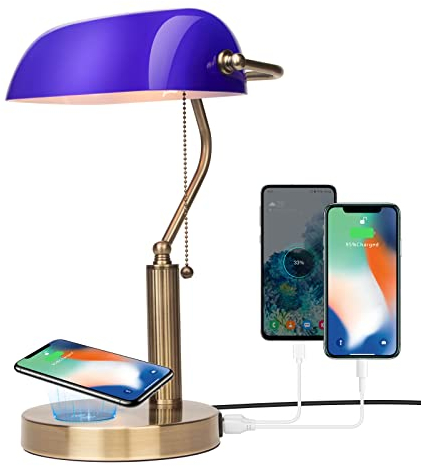 FIRVRE Lampe de Bureau en Verre Bleu pour Banquier avec Chargeur Sans Fil et port USB Lampe de Table avec Interrupteur à Chaîne à Tirer pour Bureaux Bibliothèques Salles D'études et Chambres à Coucher