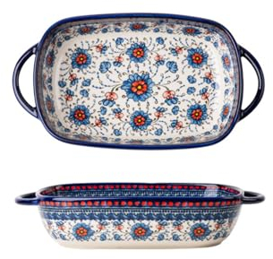 MoRfiL Patrón bluegrass cazuela de Lasaña de estilo polaco pequeña 1 persona, cerámica de molde de lasaña rectangular 730ml, molde de horno de vajilla retro,23.5cm