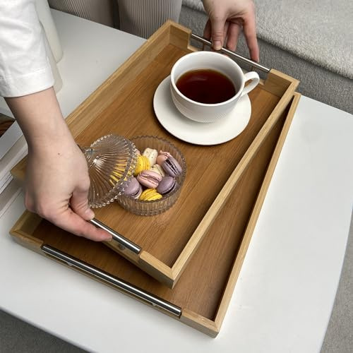 Froppi Serving Tray, Bamboo Wooden Trays for Display, 2 Pack | L38.1 W25.4 H5 + L43.2 W30.5 H5 cm, Handles, Coffee Table, Food Serving, Trinket, Snack, Breakfast, Bathroom