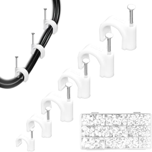 HEKOBAG Kabelschellen Nagelschellen, 800 Stück Runde Kabelklemmen mit Nagel, 4 mm/5 mm/6 mm/8 mm/10 mm/12 mm Kabelclips mit Nagel Weiß Kabel Befestigungen Wand zum schrauben für die Kabelbefestigung