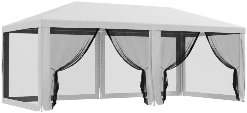 Outsunny Carpa de Jardín 6x3 m Carpa para Fiesta Cenador Desmontable Exterior con 6 Mosquiteras Laterales 2 Puertas con Cremallera Impermeable Pabellón Gazebo para Terraza Patio Playa Blanco