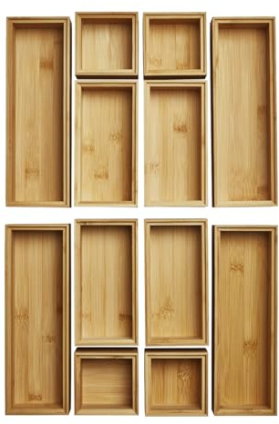 Orga-Box SOTECH BAMBUS Aufbewahrungsbox 12 teiliges Set | (geölt, 3 Größen 85/171/257 x 85 x 50 mm) Ordnungssystem stapelbar für Küchenschubladen Badezimmer und Arbeitszimmer