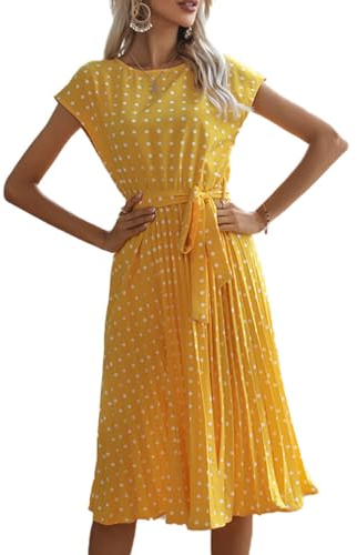 2024 Damen Boho Flowy Langarm Rundhalsausschnitt Wave Point Kleid Smoked Frühling Herbst Rüsche Strand Bow Gürtel Kleider (Gelb,XL)