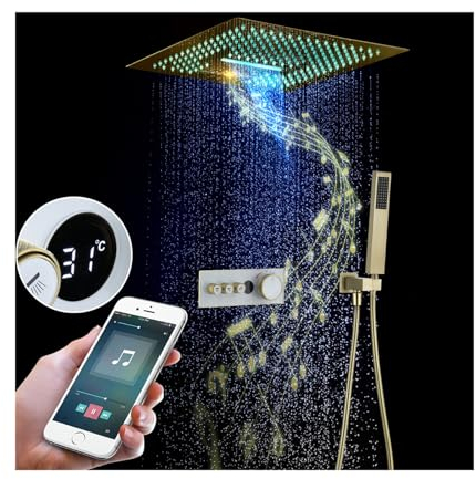 SWHC Duschsystem LED Musik Unterputz Duscharmatur Set Digitale Anzeige Dusche Regendusche Set Messing Duschgarnitur mit Regendusche 40 * 40cm, Handbrause, Ventilkörper