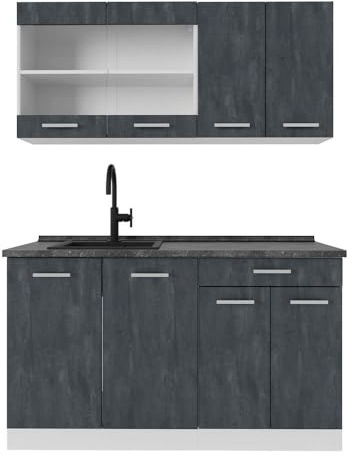 Vicco Singleküche R-Line, Schwarz Beton, 140 cm | 4 Module · Höhenverstellbare Füße · AP Anthrazit inkl. · Robuste Fronten · Mit Glasschrank · Frei kombinierbar