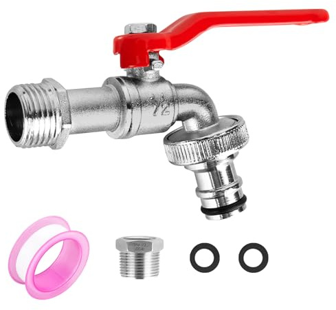 XCRPRT Universal Wasserhahn Garten 1/2 Zoll & 3/4 Zoll, Gartenwasserhahn Frostsicher Auslaufhahn mit 2 Gratis Schlauchanschlüsse + 1Rollendichtband für Garten Wasserhahn Auslaufhahn Regentonne(Rot)