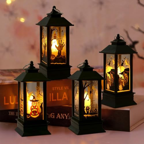 GOEDCH 4 Pezzi Lanterne a Candela di Halloween: Lanterne LED Decorative di Halloween, Lampada a Sospensione a Vento Halloween Candele LED Tremolanti Senza Fiamma con Batteria per Interni ed Esterni