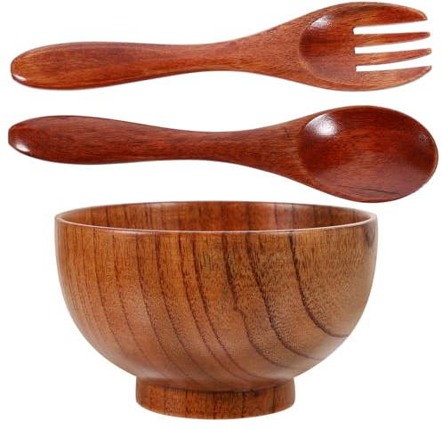 Hoement Wooden Bowl Set Deep Brown Rustic Dining Serveware | Spoon and Fork Included, Lightweight Easy-care Finish, Home Serving Use with Versatile Multi-purpose Form