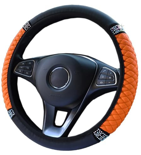 Universal Auto Lenkradbezug, Anti-Rutsch Rhombus PU Leder Kristall Glitzer Bling Bling Auto Lenkradhülle Durchmesser 37–38 cm,Elastischer Lenkrad Abdeckung Lenkradschoner Auto-Dekozubehör,Orange