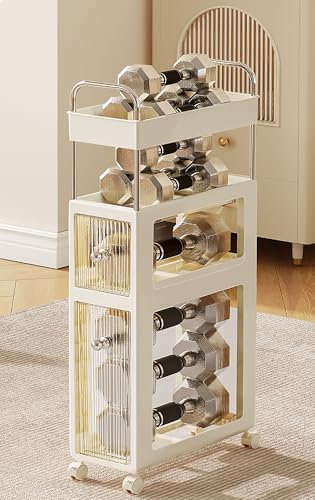 Schmaler Rollwagen, 2/3/4/5-stöckiger Lagerschrank für Badezimmer, schmaler Lagerschrank mit Schubladen und Taschentuchbox für kleine Räume, Küche, Wäscherei (4 Ebenen mit Rädern)