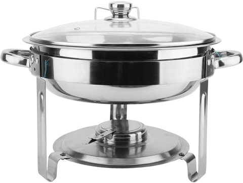 Round Chafing Dish, Elegant Silver Chafers and Buffet Warmers Set with Glass Lid Alcohol Stove for Dinner Catering and Parties (4.5L with Hanging Rack)