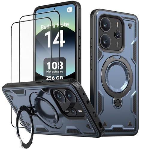KANSi Coque pour Xiaomi Redmi Note 14 / Redmi Note 14 4G (No Para 5G) avec Verre Trempé*2, Militaire Etui Antichoc Housse avec Téléphone avec Anneau et Support - Coques Bleu