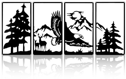 YunBey Decorazione da Parete in Metallo, 4 Pezzi, Murali Montagne e Aquila, Per Soggiorno, Camera da Letto, Ufficio, Giardino (Nero)