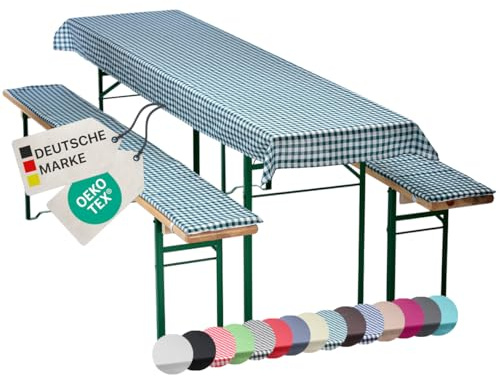 NYVI Bierbankauflagen Set NYVIGala 130x70 cm Grün Kariert - 1x Tischdecke für 110x50 cm Biertische & 2X Gepolsterte Auflage für 110x25 cm Bierbänke - Sitzauflage für Bierzeltgarnitur