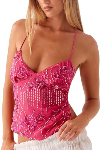 Moollyfox Top Mujer Verano Y2K – Blusas Cuello Halter Sexy Profundo V con Lentejuelas, Flores Brillantes y Perlas, Sin Mangas Tank Top para Fiesta, Club y Moda Callejera