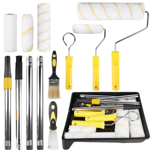 Farbroller Wandfarbe Roller, 12-Teiliges 23cm Woll Schaumstoffrollen Lackierwalze 42x30cm Farbwanne Schaber WalzenhüLsen Malerwalze Farbroller mit Teleskopstange Set für Wand Decken