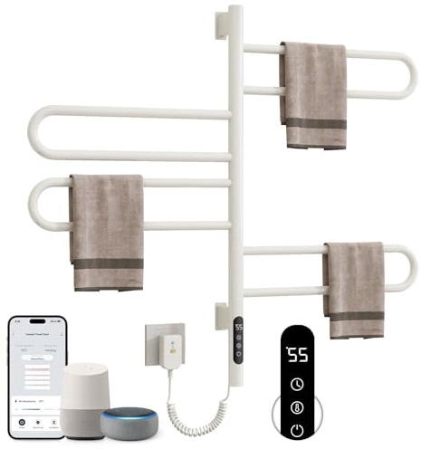 SKYLYZH Scaldasalviette Elettrico Bagno Rotazione di 180° Termoarredo Elettrico Bagno 430×780mm 130W WiFi Bianco Scalda Salviette da Bagno Elettrico per Alexa e Google Home e APP-G65 WiFi White
