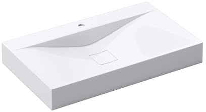 Mai & Mai Lavabo da Appoggio in Marmo Fuso 80x48x10cm Bianco, Colossum810 | Bagno Sospeso Lavandino Bagno Rettangolare, Stampaggio Monopezzo, Nano-rivestimento, Bordi Sottili