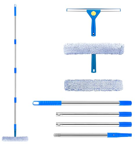 Pulitore per finestre con manico telescopico (146 cm), professionale con estrattore in silicone e gomma in microfibra, set per la pulizia delle finestre per bagno, doccia, vetro, specchio
