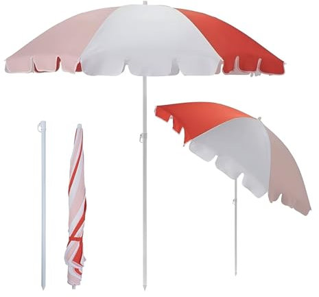 Générique 160 cm Parasol de Plage Rayé Rouge, Parasol de Terrasse Portable avec Inclinable, Parasol D'extérieur Pliable pour Piscine Jardin