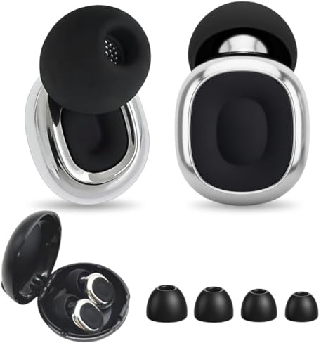 Concert Ear Plugs – High-Fidelity 18dB Noise Cancelling Ear Plugs for Concerts, Raves & Festivals | Ultra-Soft Eartips in 4 Sizes (XS, S, M, L) with Carry Case – Glossy Silver