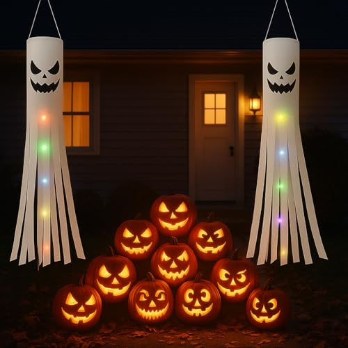 I LOVE FANCY DRESS 6 Pack Halloween Ghost Windsocks with 2M Colorful LED Lights, Hanging Outdoor Ghost Flag Decorations for Yard, Garden, Door, Lawn & Tree Party Décor