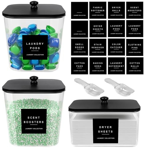 POLRAI 3 Pack Laundry Pod Containers and Dryer Sheet Holder Clear Jars with Bamboo Lids and Labels Laundry Room Organization Containers for Scent Booster Powder Detergent Pods Storage
