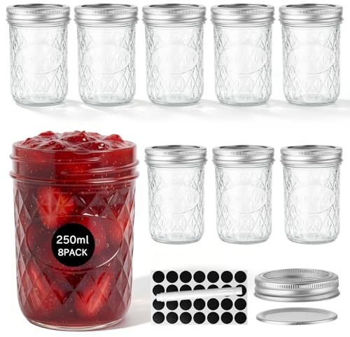 WERTIOO 8 Stück Einmachgläser mit Deckel 250ml Marmeladengläser, Mason Jar