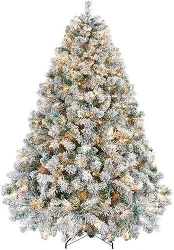 275cm Künstlicher Weihnachtsbaum mit Schneeflockenmuster und Beleuchtung, 340 Zweigspitzen, warmweiße Lichter, Schnellaufbau inklusive Ständer, für drinnen und draußen